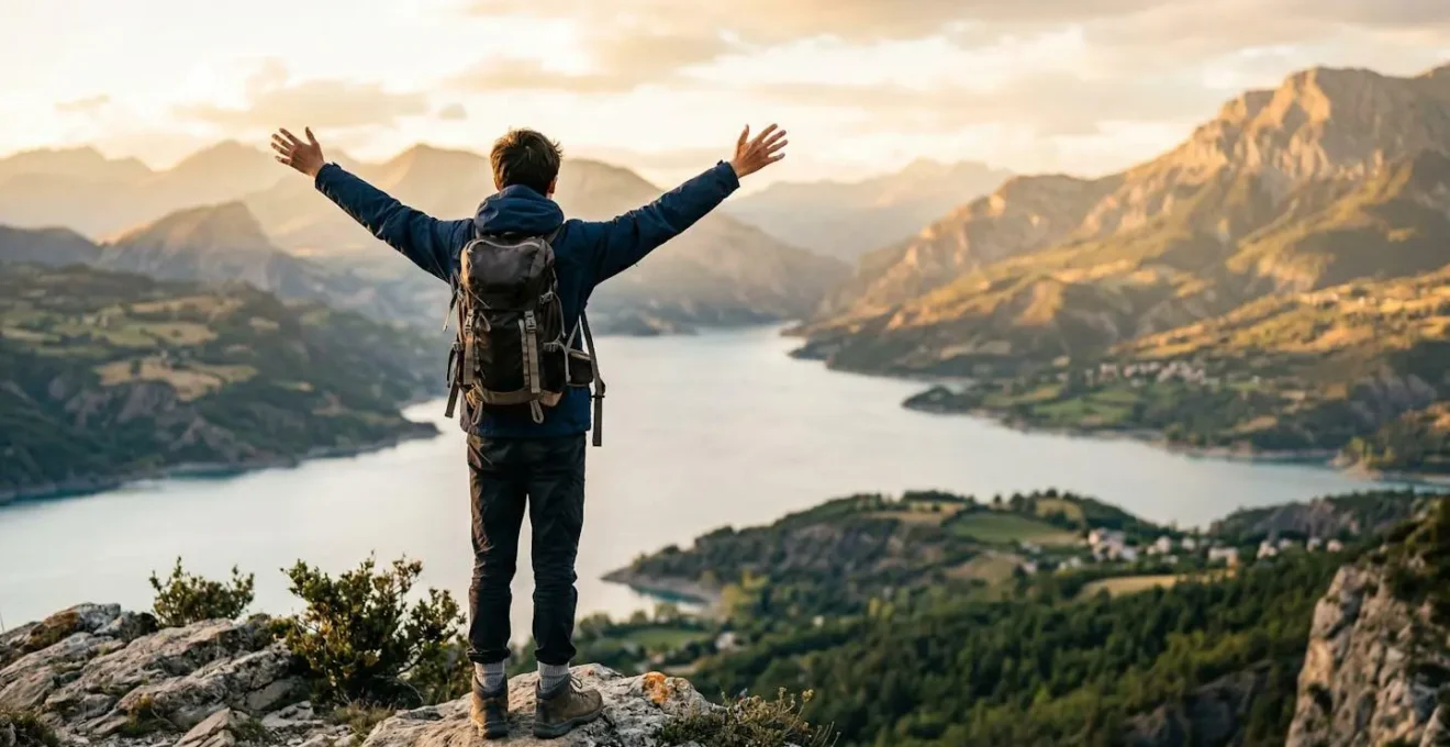Adolescent prenant une photo du panorama au sommet d'une randonnée surplombant le lac de Serre-Ponçon