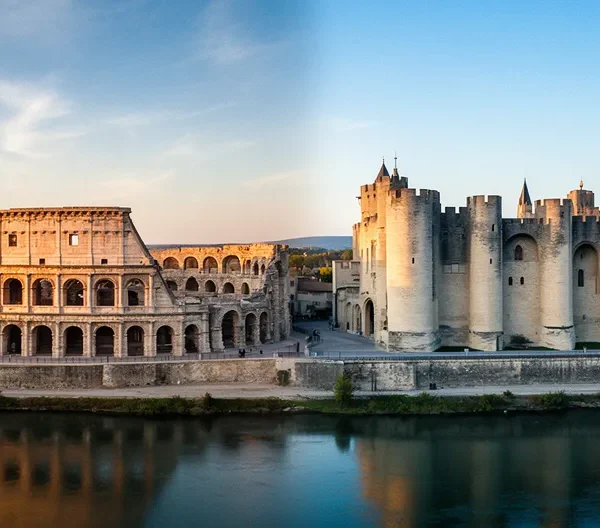 Vue comparative des patrimoines culturels d'Arles et Avignon avec architecture romaine et médiévale