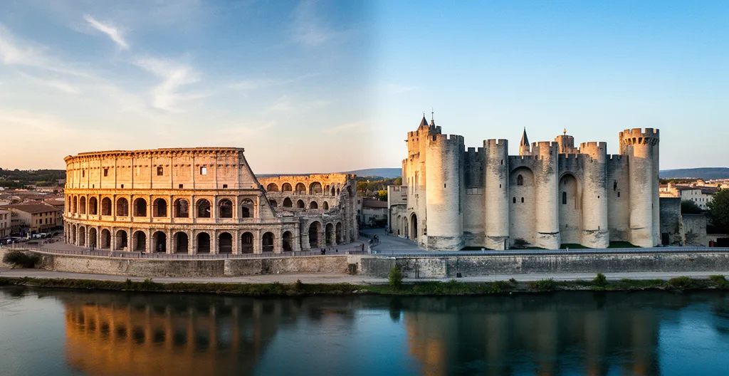 Vue comparative des patrimoines culturels d'Arles et Avignon avec architecture romaine et médiévale