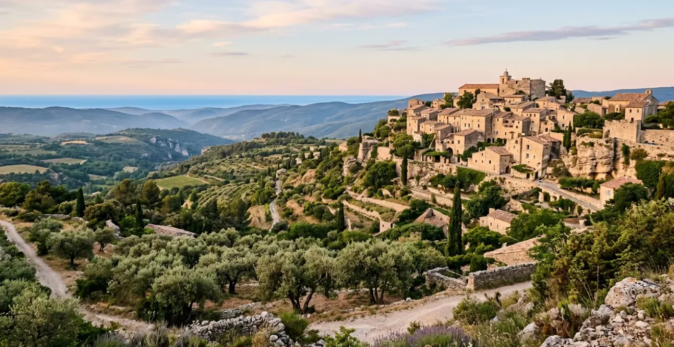 Vue panoramique d'un village perché de l'arrière-pays niçois entouré de collines verdoyantes et de la mer Méditerranée en arrière-plan
