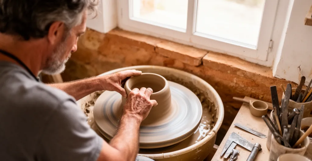Artisan céramiste travaillant au tour dans son atelier provençal baigné de lumière naturelle