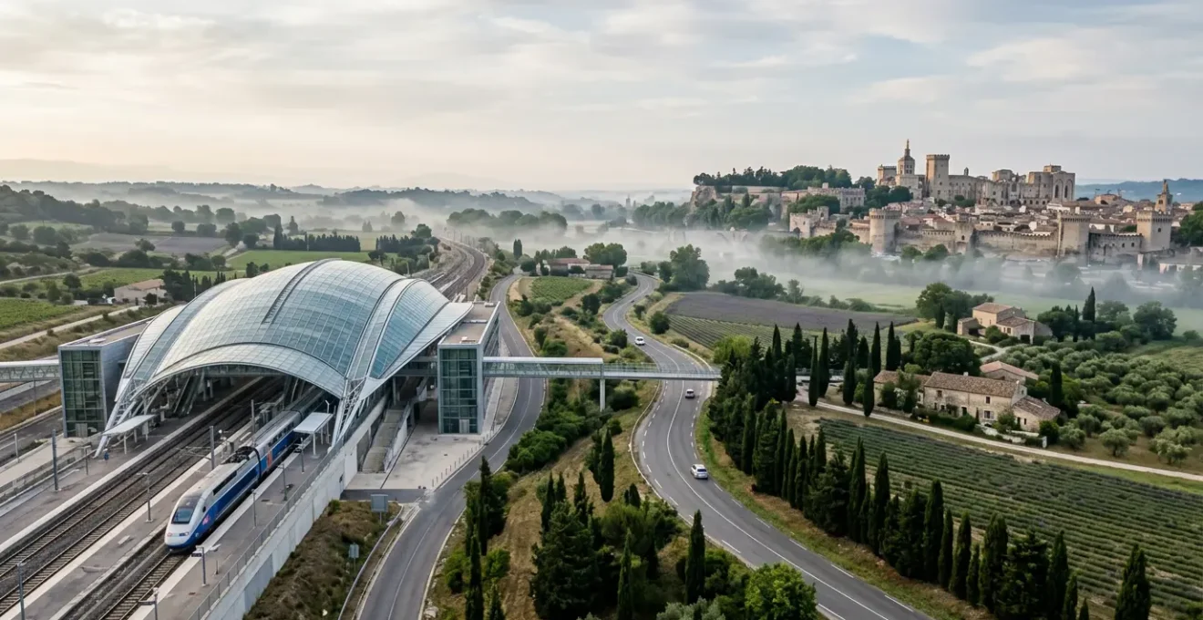 Vue panoramique de la gare TGV d'Avignon moderne contrastant avec les remparts historiques de la ville au loin, sous la lumière dorée du soleil provençal