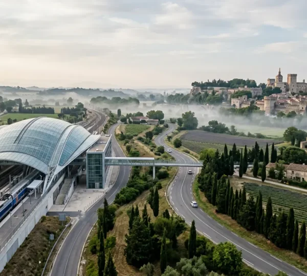 Vue panoramique de la gare TGV d'Avignon moderne contrastant avec les remparts historiques de la ville au loin, sous la lumière dorée du soleil provençal