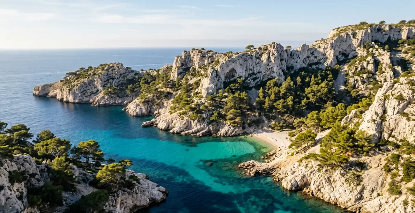 Vue aérienne de la calanque de Sugiton avec ses eaux turquoise et ses falaises calcaires blanches