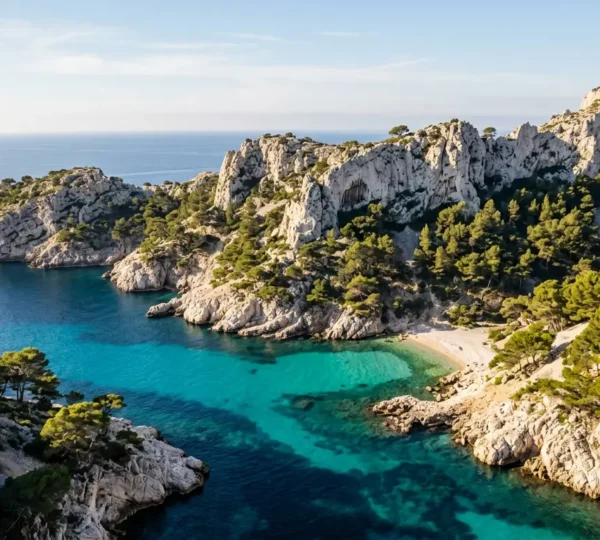Vue aérienne de la calanque de Sugiton avec ses eaux turquoise et ses falaises calcaires blanches