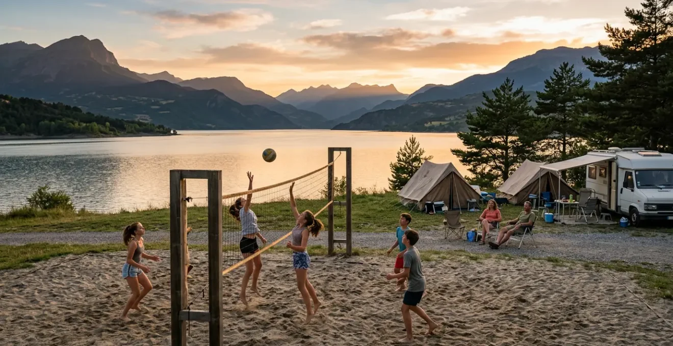 Famille avec adolescents au camping de Serre-Ponçon profitant du coucher de soleil depuis la rive nord
