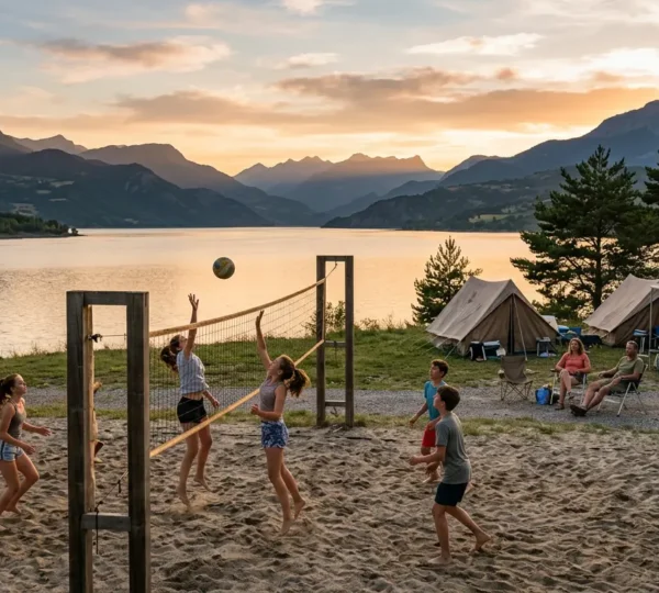 Famille avec adolescents au camping de Serre-Ponçon profitant du coucher de soleil depuis la rive nord