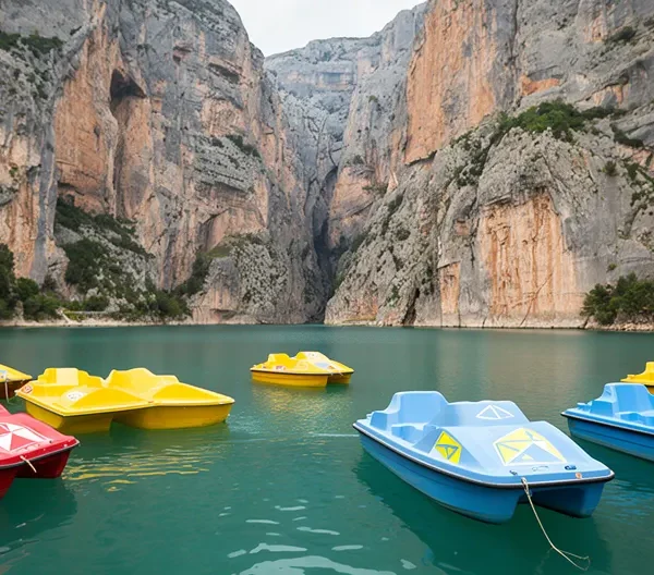 Vue panoramique du lac de Sainte-Croix avec pédalos colorés au premier plan et l'entrée majestueuse des Gorges du Verdon en arrière-plan