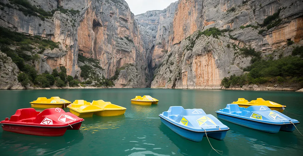 Vue panoramique du lac de Sainte-Croix avec pédalos colorés au premier plan et l'entrée majestueuse des Gorges du Verdon en arrière-plan
