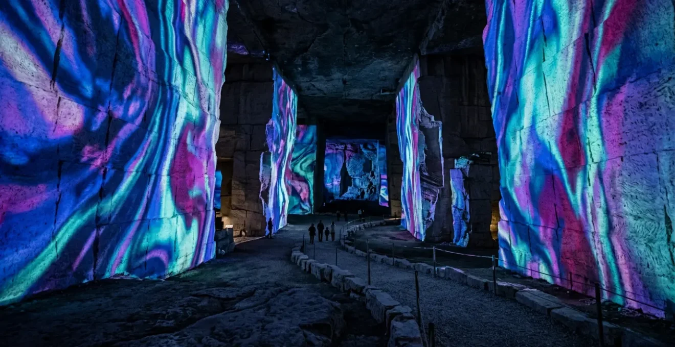 Vue intérieure spectaculaire des Carrières de Lumières avec projections colorées sur les parois calcaires monumentales