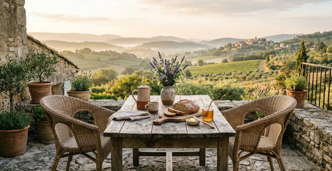 Terrasse de chambre d'hôtes provençale avec vue sur les collines de l'arrière-pays