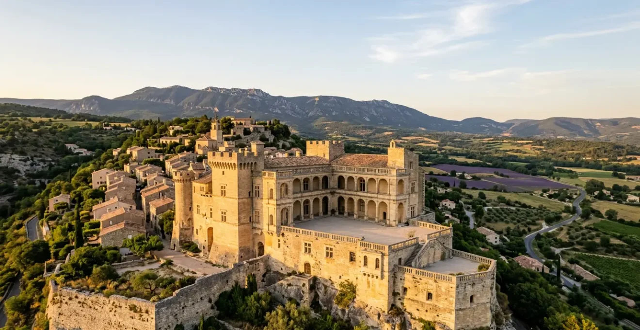 Vue panoramique du Château de Lourmarin avec ses terrasses Renaissance au coucher de soleil sur le Luberon