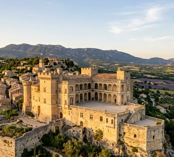 Vue panoramique du Château de Lourmarin avec ses terrasses Renaissance au coucher de soleil sur le Luberon
