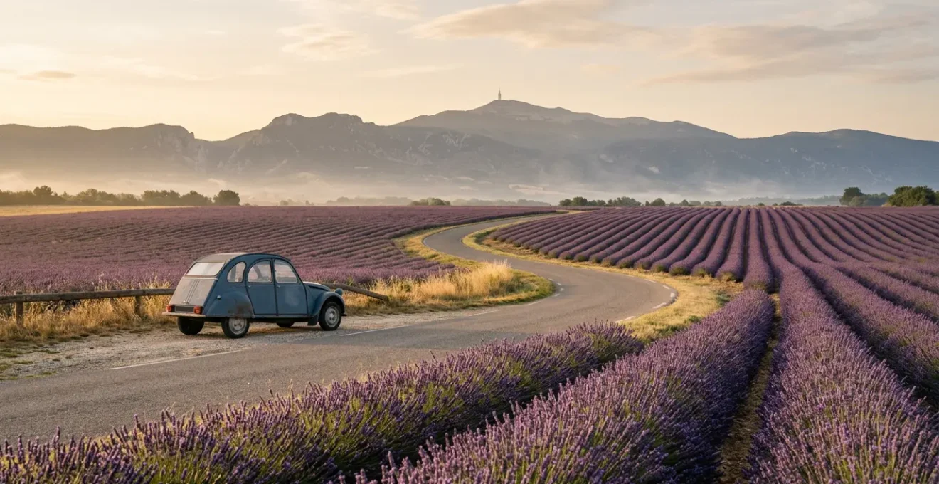 Vue panoramique des champs de lavande de Valensole au lever du soleil avec une voiture vintage sur route secondaire