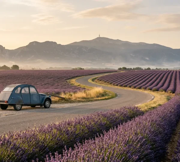 Vue panoramique des champs de lavande de Valensole au lever du soleil avec une voiture vintage sur route secondaire