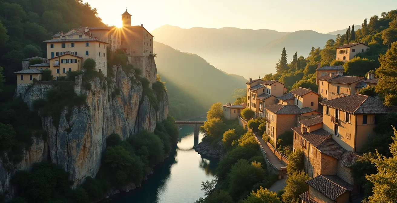 Vue aérienne comparative montrant Gordes perché et L'Isle-sur-la-Sorgue avec ses canaux