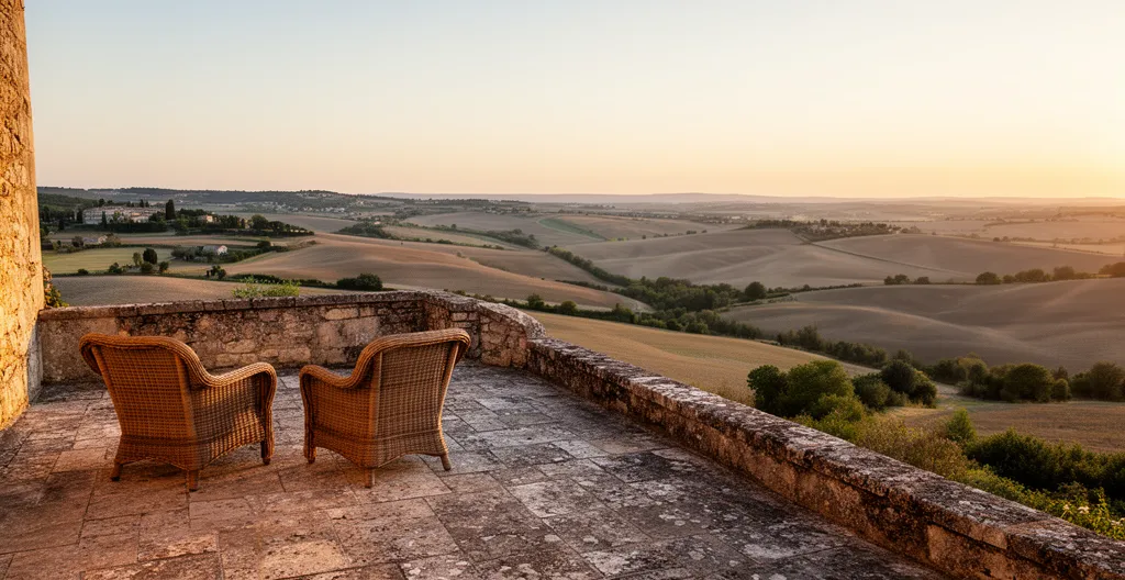 Vue panoramique d'une terrasse privée avec deux fauteuils en rotin surplombant les champs de lavande et villages perchés de Provence au coucher du soleil
