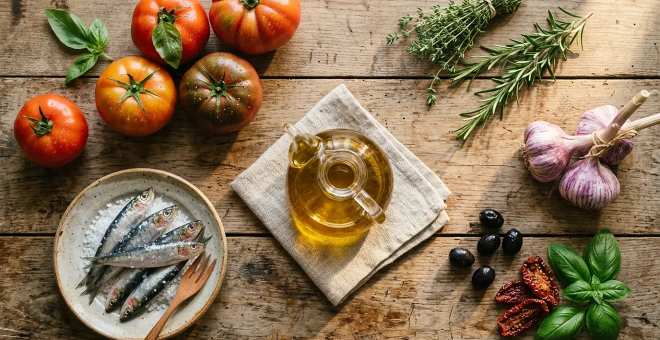 Ingrédients de la cuisine provençale traditionnelle disposés artistiquement avec huile d'olive dorée et légumes frais colorés