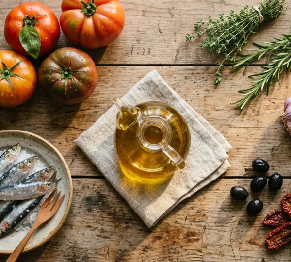 Ingrédients de la cuisine provençale traditionnelle disposés artistiquement avec huile d'olive dorée et légumes frais colorés