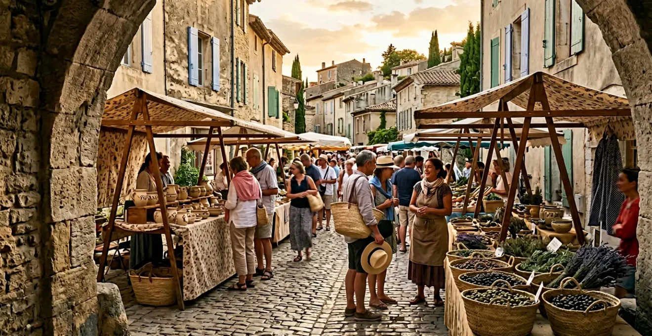 Scène de marché provençal animé sous le soleil avec étals colorés et villageois en costume traditionnel