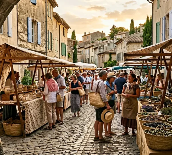 Scène de marché provençal animé sous le soleil avec étals colorés et villageois en costume traditionnel