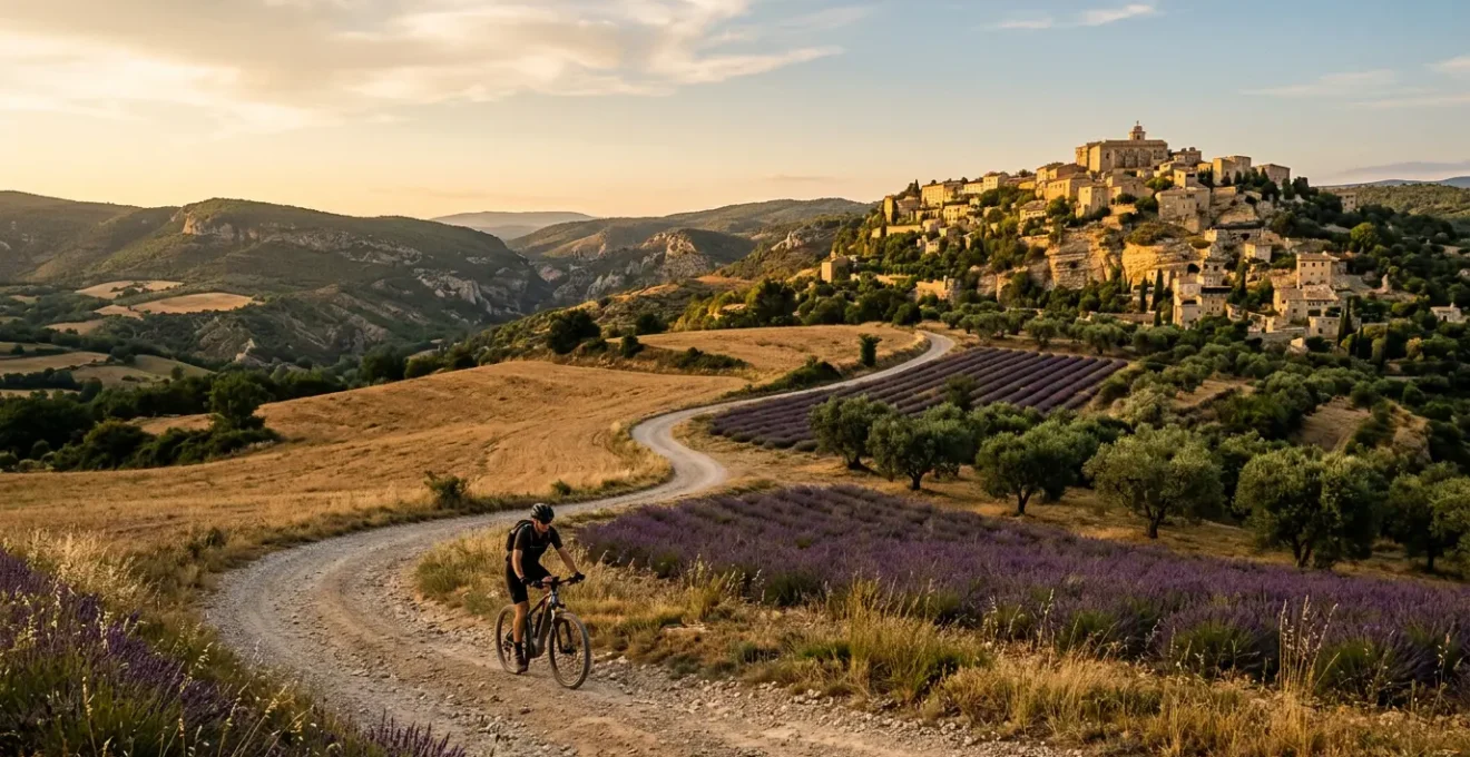 Cycliste avec vélo électrique gravissant la montée sinueuse menant à un village provençal perché, sous le soleil du Luberon