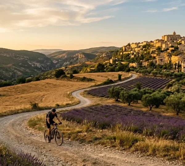 Cycliste avec vélo électrique gravissant la montée sinueuse menant à un village provençal perché, sous le soleil du Luberon