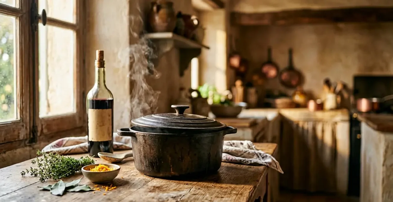 Daube provençale mijotant dans une cocotte en fonte avec vapeur aromatique