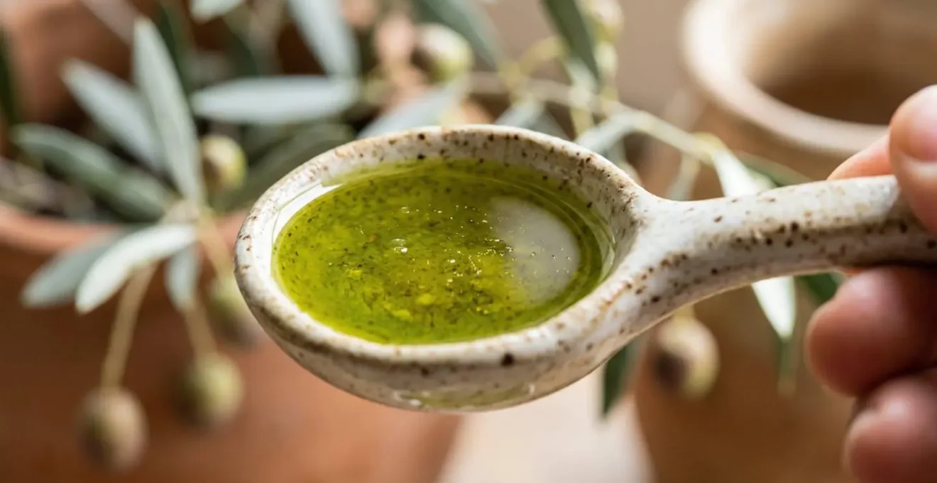 Gros plan sur une cuillère de dégustation d'huile d'olive dorée avec reflets lumineux