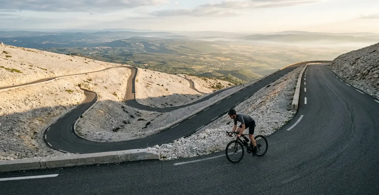 Cycliste descendant les virages du Mont Ventoux avec technique de freinage maîtrisée