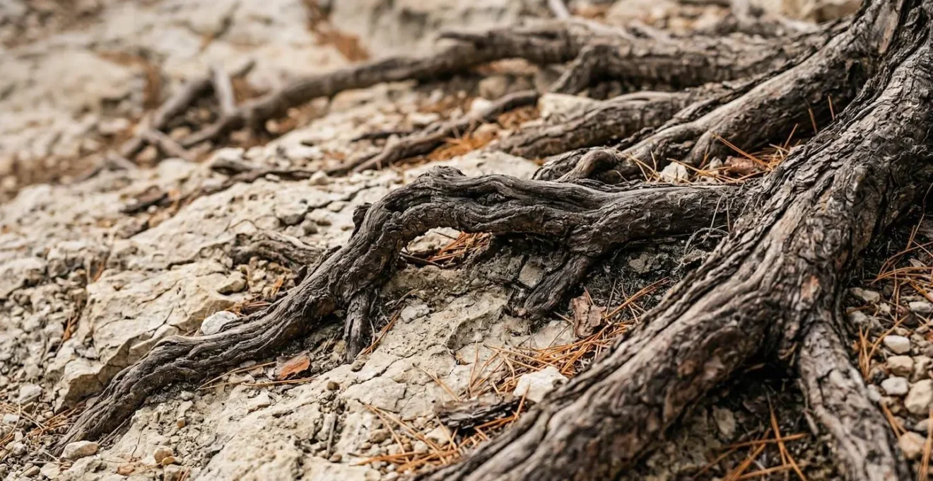 Gros plan sur les racines dénudées d'un pin d'Alep sur sol érodé dans les calanques