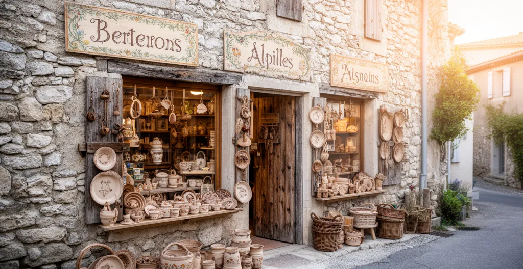 Façade authentique d'un atelier-boutique artisanal dans un village des Alpilles