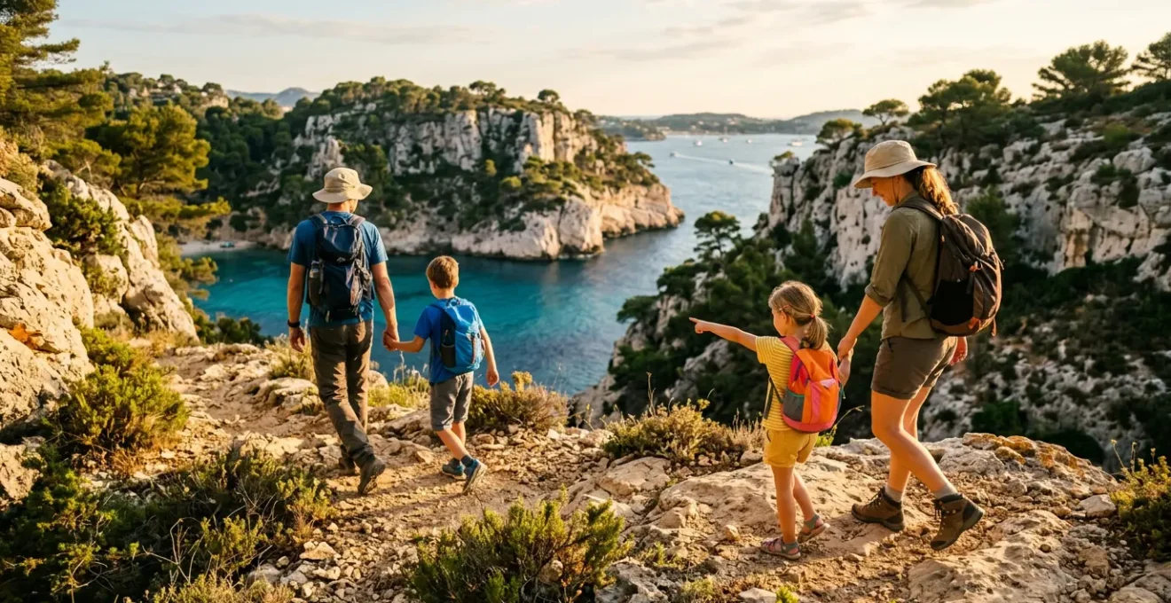 Famille avec enfants découvrant les calanques de Provence lors d'une randonnée