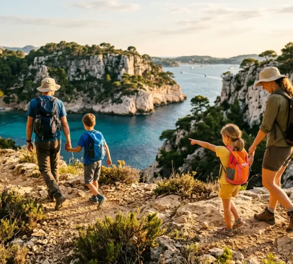 Famille avec enfants découvrant les calanques de Provence lors d'une randonnée