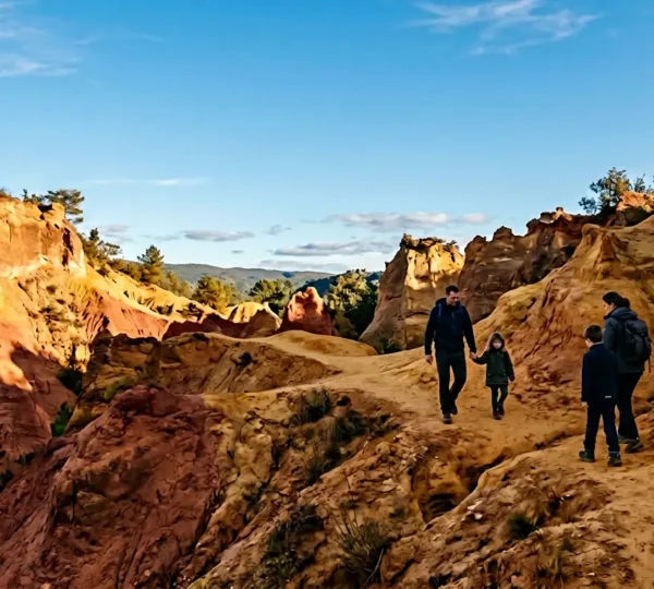 Famille explorant les sentiers ocres du Colorado Provençal avec enfants protégés