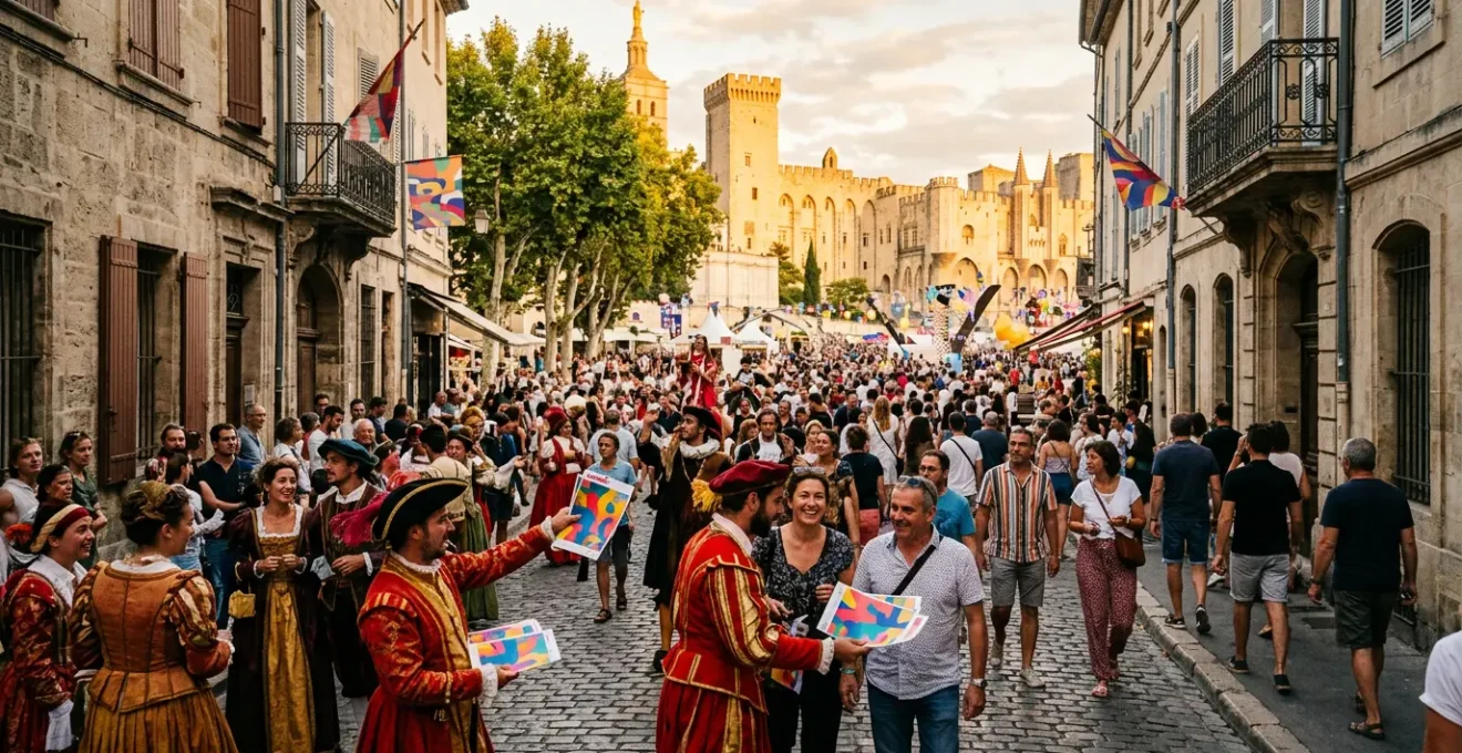 Foule colorée dans les rues pavées d'Avignon pendant le festival OFF avec comédiens en costume