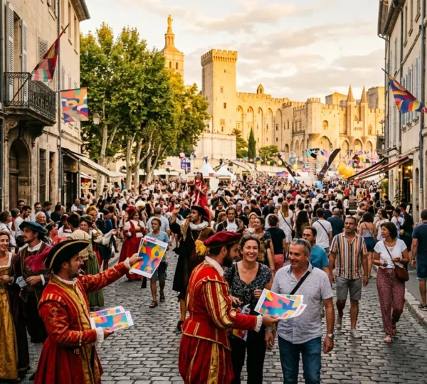 Foule colorée dans les rues pavées d'Avignon pendant le festival OFF avec comédiens en costume