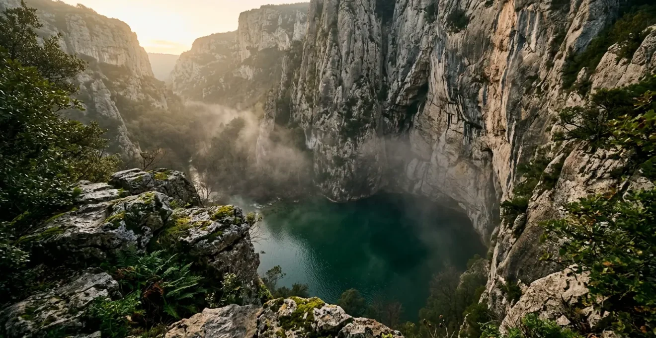 Vue plongeante sur le gouffre mystérieux de Fontaine-de-Vaucluse avec ses eaux émeraude