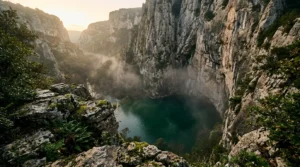 Vue plongeante sur le gouffre mystérieux de Fontaine-de-Vaucluse avec ses eaux émeraude