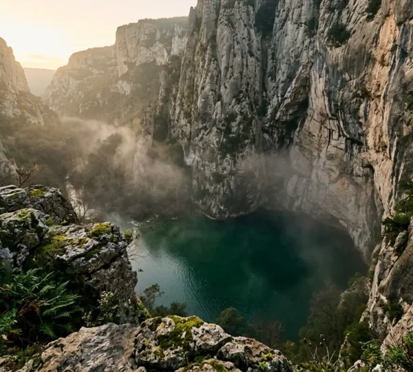 Vue plongeante sur le gouffre mystérieux de Fontaine-de-Vaucluse avec ses eaux émeraude