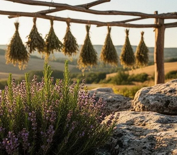 Herbes de Provence fraîches et séchées dans un paysage provençal ensoleillé