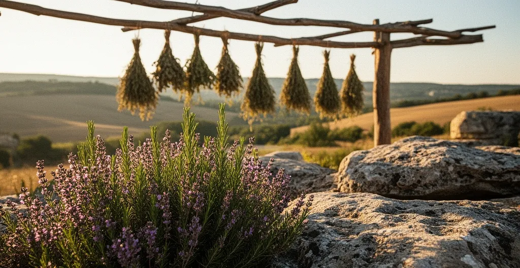 Herbes de Provence fraîches et séchées dans un paysage provençal ensoleillé