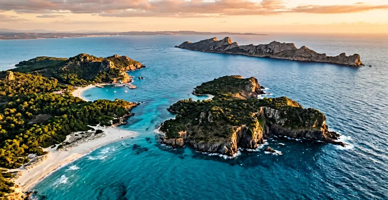 Vue panoramique des îles d'Or avec plages de sable blanc et eaux turquoise