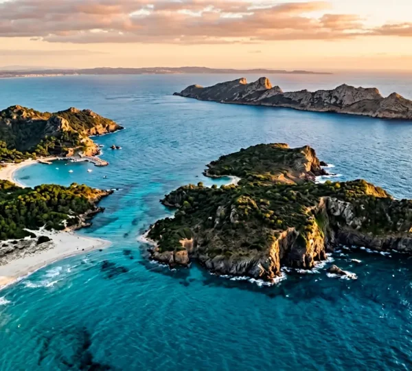 Vue panoramique des îles d'Or avec plages de sable blanc et eaux turquoise