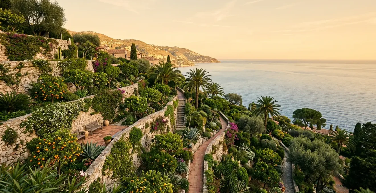Vue panoramique d'un jardin botanique en terrasses avec agrumes à Menton