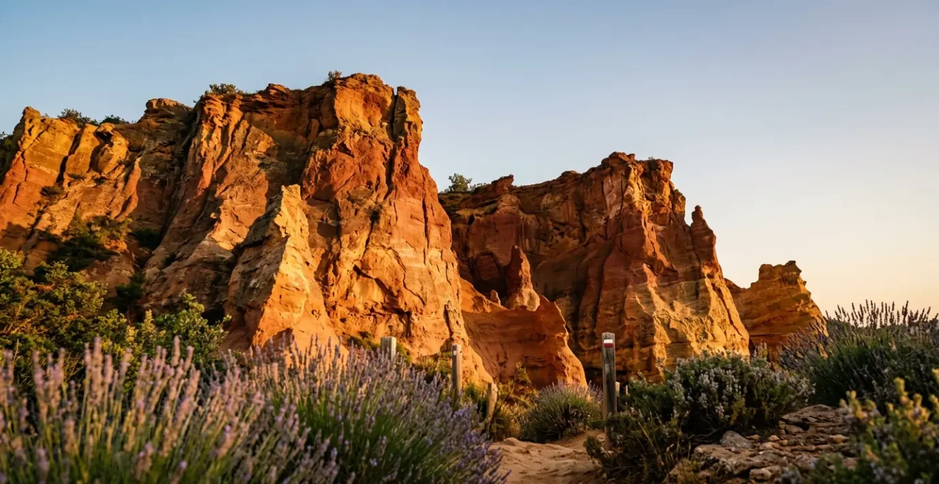 Falaises d'ocre de Roussillon baignées dans la lumière dorée du crépuscule