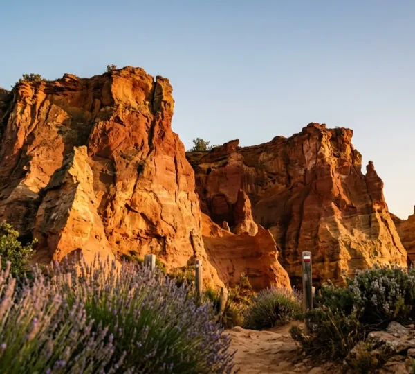 Falaises d'ocre de Roussillon baignées dans la lumière dorée du crépuscule