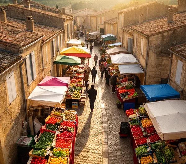 Vue aérienne pittoresque du marché d'Apt un samedi matin avec ses étals colorés serpentant dans les ruelles médiévales provençales