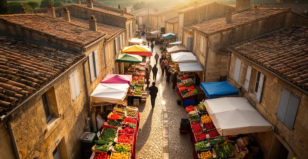 Vue aérienne pittoresque du marché d'Apt un samedi matin avec ses étals colorés serpentant dans les ruelles médiévales provençales
