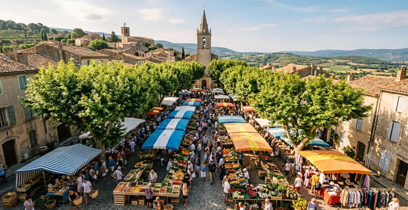 Scène animée du marché de Lourmarin avec une foule élégante entre les étals colorés sous les platanes